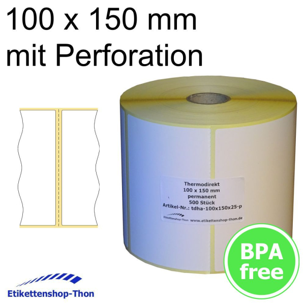 Thermodirekt - Haftetiketten auf Rolle mit Perforation - 100 x 150 mm - 500 Stück - Hülse 40 mm - permanent haftend - weiß - außen